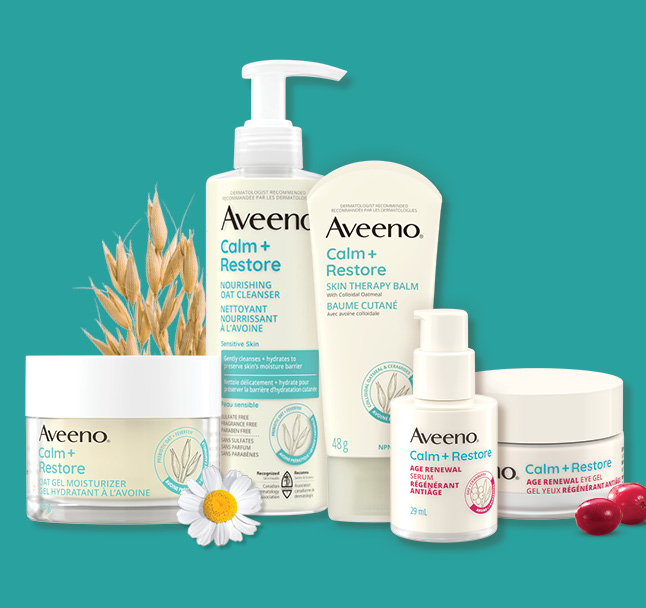 Five Aveeno® Calm + Restore Face Care Products with oat, cranberry and feverfew.