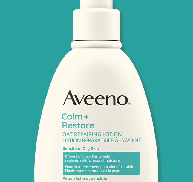 Close-up shot of  Aveeno® Calm + Restore Oat Repairing Body Lotion Pump Bottle